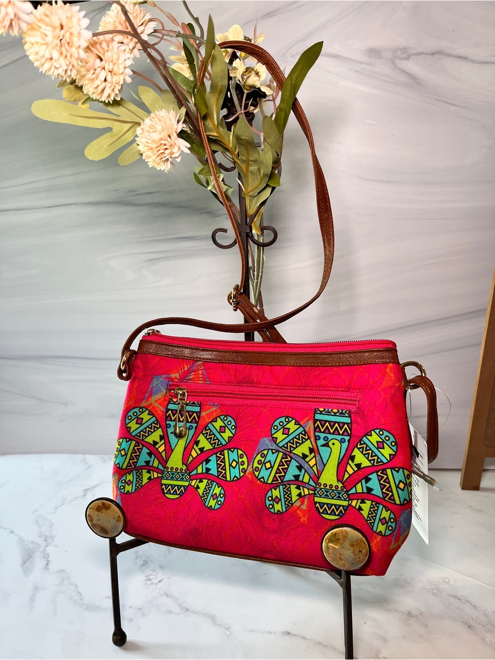 Tribal-inspired geometric dual peacock graphic cross body purse